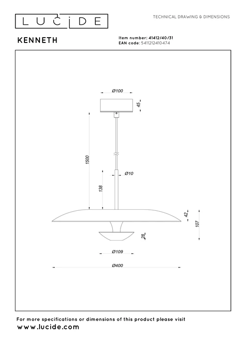 Lucide KENNETH - Pendant light - Ø 40 cm - LED Dim. - 1x12W 2700K - White | Premium - technical
